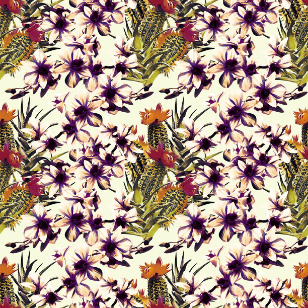 仙人掌与兰花，图案无缝。图片下载