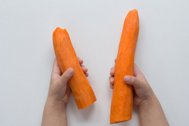 孩子的手拿着两个剥了皮的胡萝卜在白色背景的俯视图图片下载