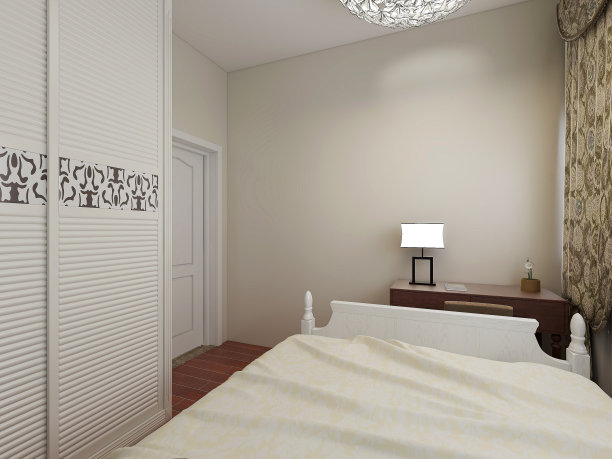 3D效果图，优雅宽敞的现代公寓卧室设计，大床旁的大衣柜，图片下载