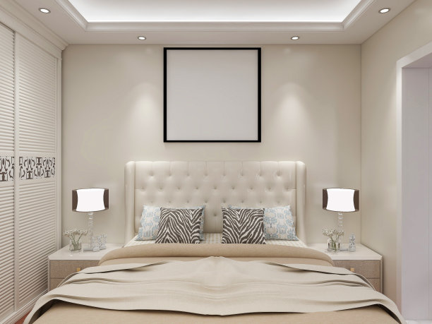 3D效果图，优雅宽敞的现代公寓卧室设计，大床旁的大衣柜，图片下载