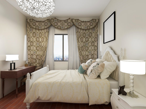 3D效果图，优雅宽敞的现代公寓卧室设计，大床旁的大衣柜，图片下载