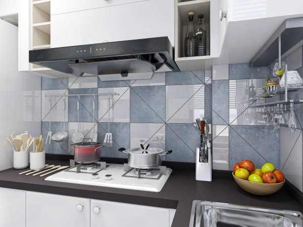 3D效果图，现代家庭厨房设计，新橱柜和带有冰箱的厨房用具，阳光透过窗户。图片下载