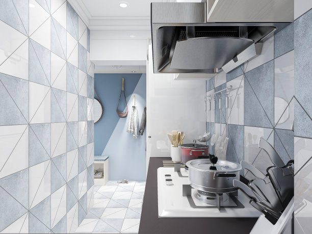 3D效果图，现代家庭厨房设计，新橱柜和带有冰箱的厨房用具，阳光透过窗户。图片下载