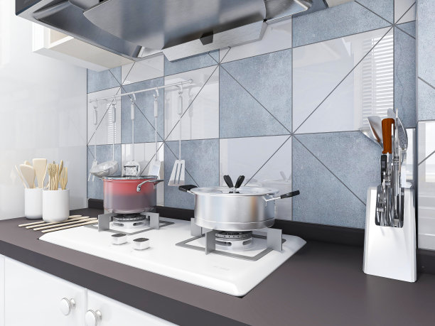 3D效果图，现代家庭厨房设计，新橱柜和带有冰箱的厨房用具，阳光透过窗户。图片下载