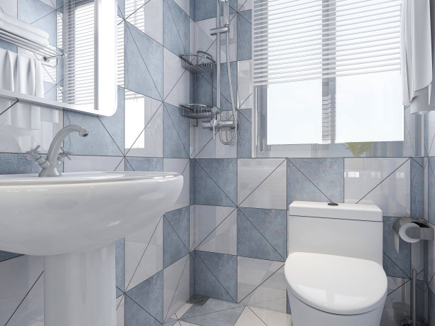 3D渲染，蓝色地中海住宅浴室和卫生间设计，有水池，马桶和淋浴图片下载