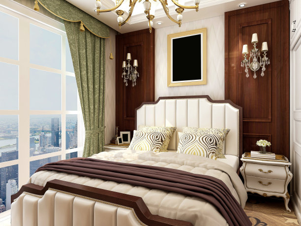 3D渲染，美式卧室设计，大床旁边有大衣柜图片下载