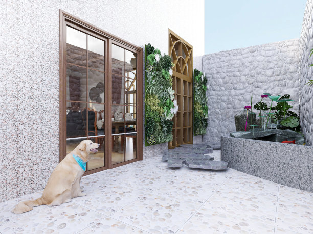 露天庭院的3D渲染、亭子、沙滩椅、绿色植物等图片下载