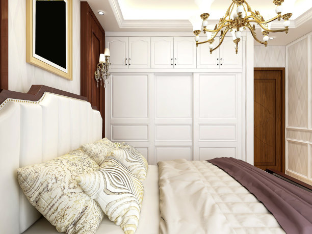 3D渲染，美式卧室设计，大床旁边有大衣柜图片下载