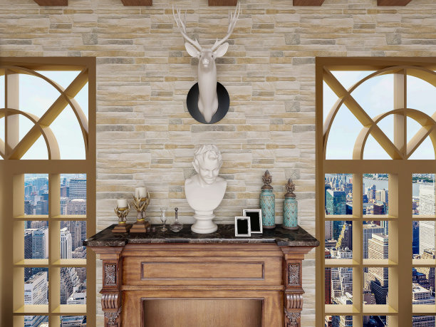 美式风格，他有一个沙发，旁边有一个壁炉图片下载