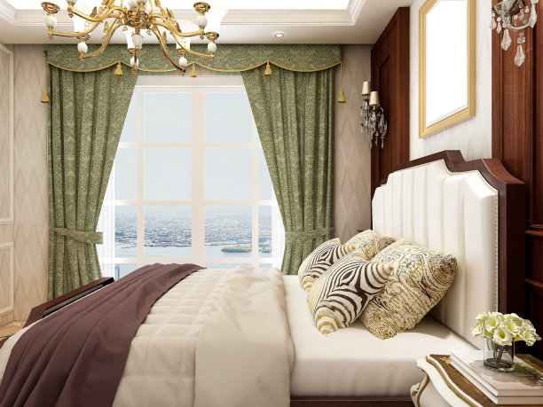 3D渲染，美式卧室设计，大床旁边有大衣柜图片下载