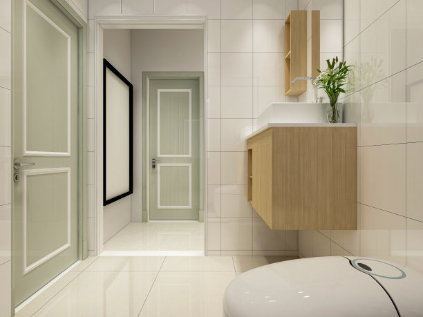 3D效果图，洁净现代住宅浴室及卫生间设计，配备盥洗台、卫生间、淋浴设备等。图片下载