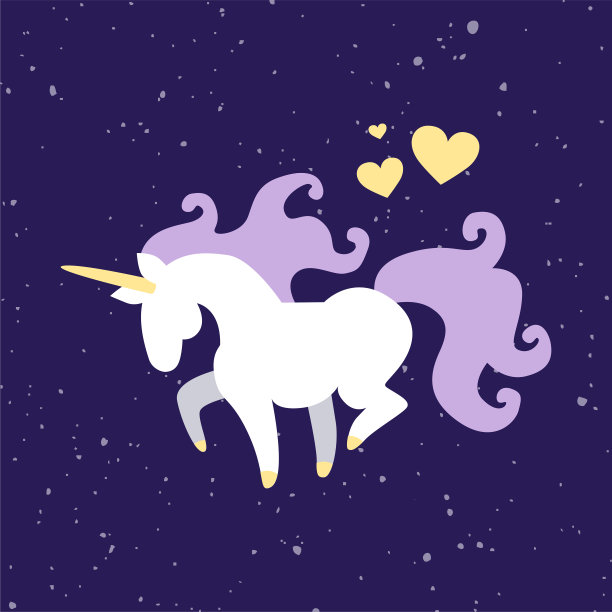 矢量手绘的魔术白色舞蹈独角兽马孤立在斑点背景与心。图片下载