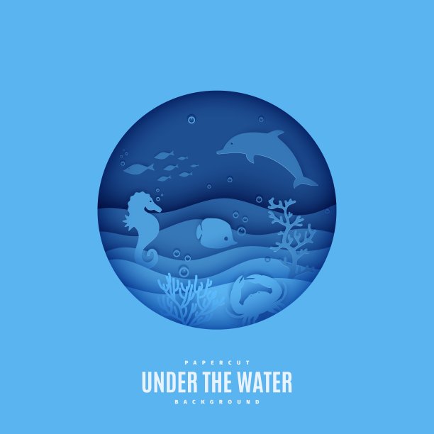 透过剪纸风格的潜水艇舷窗观看水下世界。矢量剪纸波浪，热带海洋生物在圆形框架。工艺水下海洋潜水概念。世界海洋日图片下载