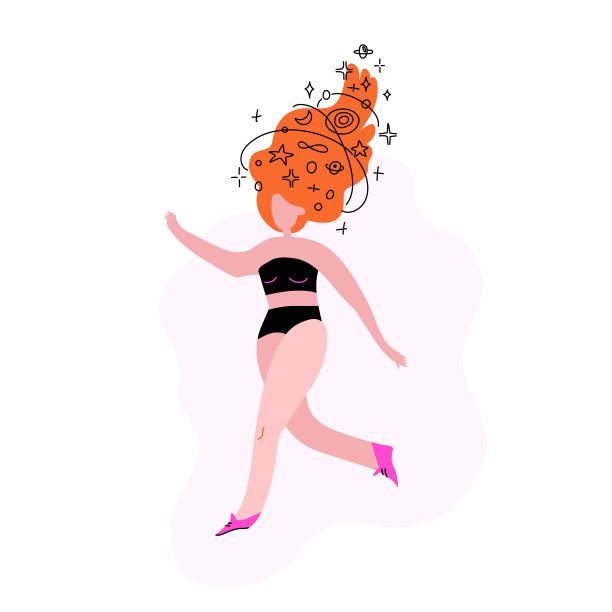可爱的年轻女子，红色长发上戴着星星。有趣活跃的欧洲女孩被孤立在白色背景上。手绘艺术概念冥想应用程序。股票矢量插图在平面风格图片下载