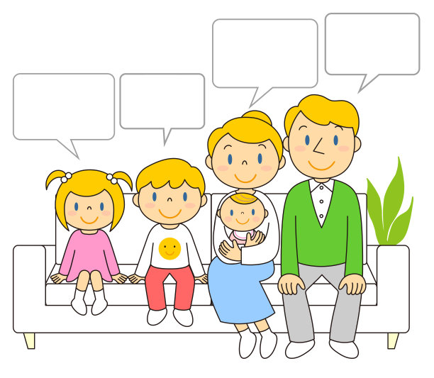 一张五口之家坐在沙发上的插图图片下载