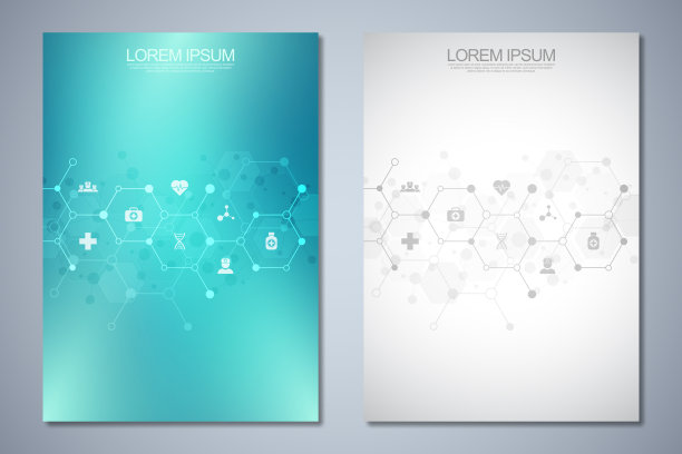 模板小册子或封面书，页面布局，传单设计。理念与理念为医疗事业，创新医药、制药、科技。医疗背景与平面图标和符号。图片下载