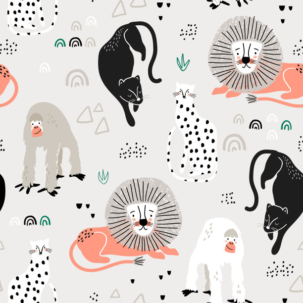 无缝丛林图案与非洲动物，豹，狮子，猩猩，猎豹和手绘纹理。适合织物,纺织品。创造性的向量背景图片下载