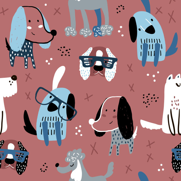 幼稚无缝图案与手绘狗。时髦的斯堪的纳维亚矢量背景。适合儿童服装，织物，纺织品，婴儿装饰，包装纸图片下载