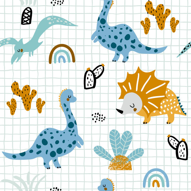 孩子气的无缝图案与手绘恐龙，棕榈树和仙人掌在斯堪的纳维亚风格。创意矢量幼稚的背景织物，纺织品图片下载