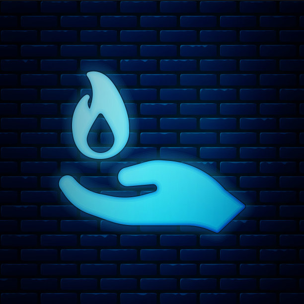 发光的霓虹灯手握火图标孤立在砖墙的背景。矢量图图片下载