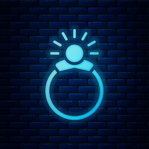 发光的霓虹幻想魔法石环与宝石图标孤立在砖墙背景上。矢量图图片下载