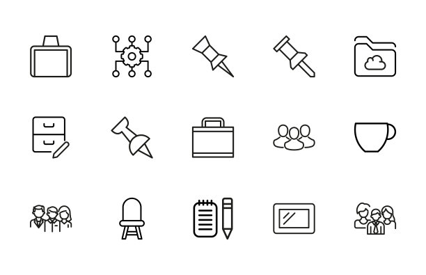 一套简单的办公室图标在时尚的路线风格。图片下载
