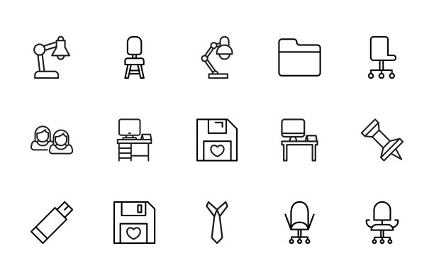 一套简单的办公室图标在时尚的路线风格。图片下载