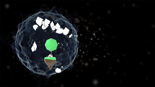 3 d渲染。3D生成的迷你世界，树下的小房子，漂浮在梦想空间。图片下载