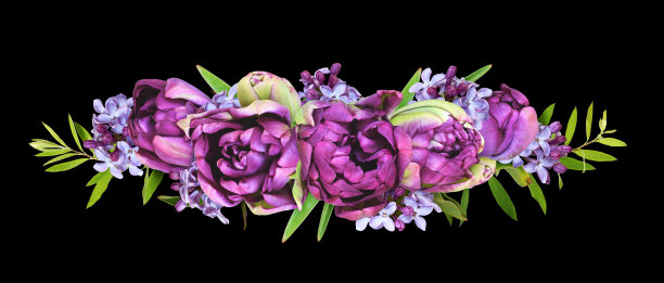 紫色的牡丹，郁金香和紫丁香花的插花图片下载