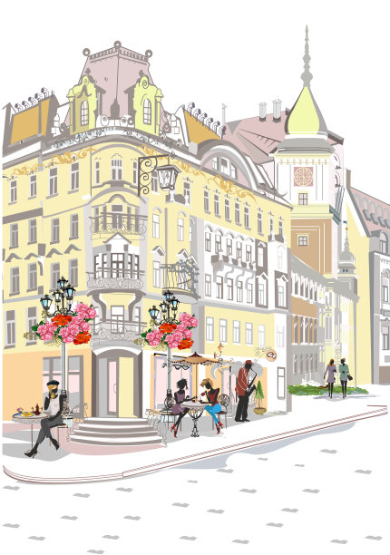 系列丰富多彩的复古街景与老城的时尚人士。手绘矢量建筑背景与历史建筑。图片下载