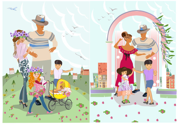 快乐的家庭户外在绿色的自然和鲜花。家庭的房子。图片下载