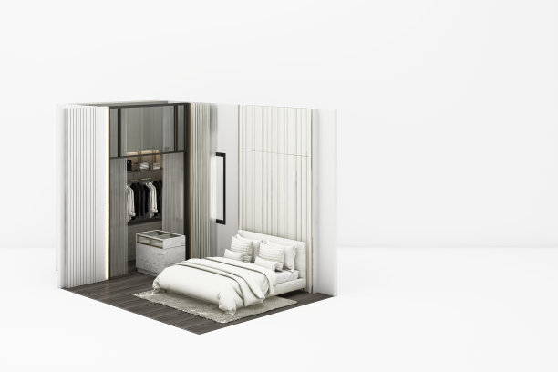 室内卧室现代古典风格模拟与白色家具在白色背景3D渲染图片下载