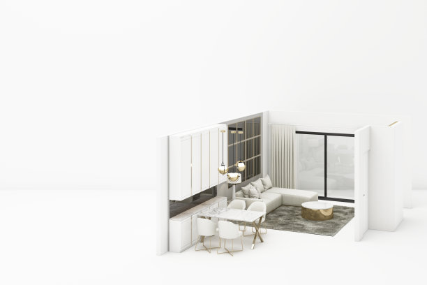 室内生活现代经典风格模拟与白色家具在白色背景3D渲染图片下载