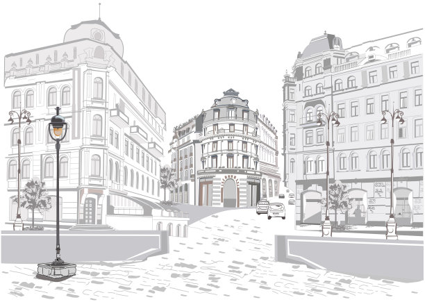 手绘矢量历史建筑背景图片下载