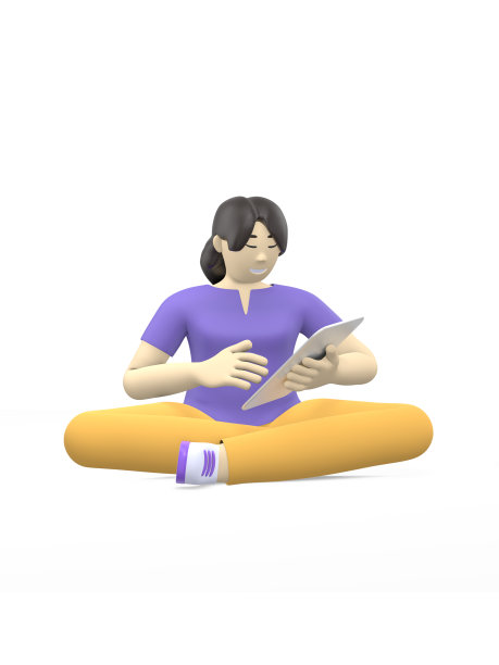 3D渲染字符的一个亚洲女孩坐在莲花的位置与平板电脑。学习、商业、领导、创业的概念。正面插图孤立在白色背景上。图片下载