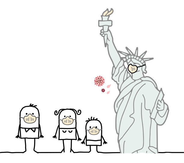 卡通人物在纽约的自由女神像和对抗病毒的面具图片下载