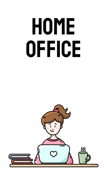 家庭办公室励志垂直横幅。练习自我孤立。居家办公年轻的女博主坐在笔记本电脑前。矢量平面风格卡通插图图片下载