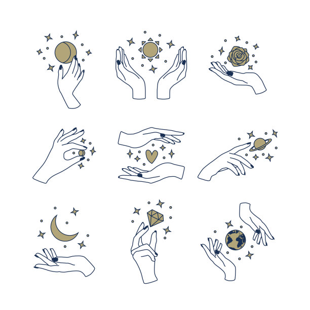 简约的女性手与设计元素。女性的手。标志设计模板在时尚线性最小的风格。纹身平面设计，t恤，美容工作室，封面。矢量图图片下载