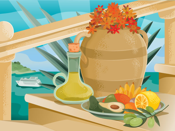 葡萄酒、花瓶、水果、蔬菜、柠檬、牛油果、香蕉、芒果的静物品矗立在阳台上，映衬着夏天的海景，平静、安静、休息，图片下载