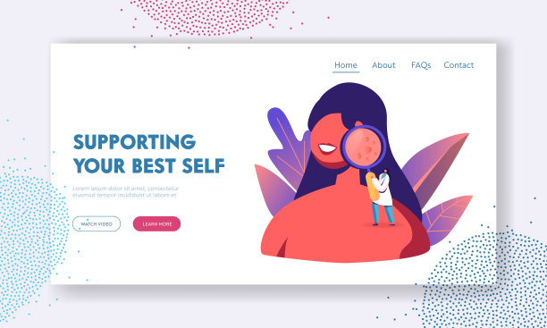 采购产品皮肤科和美容医学，治疗，保健登陆页模板。小医生皮肤科医生角色看女孩的脸痤疮炎症。卡通人物矢量插图图片下载