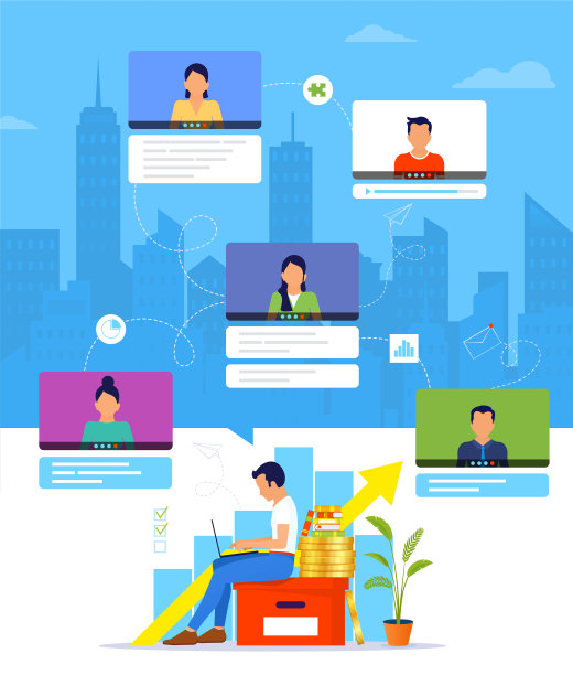 通过互联网组织工作流程或培训。2019冠状病毒病期间在家工作的年轻人。在线业务培训。由领导远程管理工作。在家远程工作。图片下载