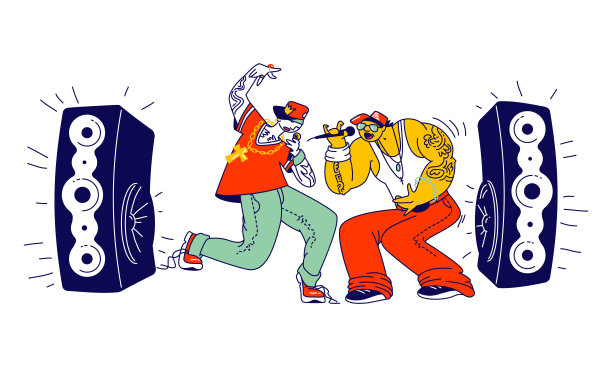 在舞台上用麦克风和动力演唱说唱音乐的男性角色。嘻哈节表演或音频轨道录音在工作室。年轻艺术家的说唱歌手。线性人物矢量图图片下载