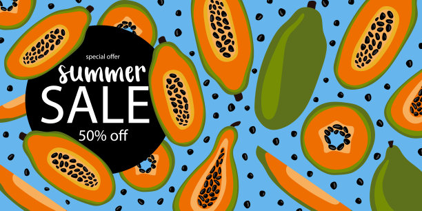 夏季销售横幅与涂鸦木瓜背景，异国情调的水果设计横幅，传单，邀请，海报，网站或贺卡。平面风格，矢量插图图片下载