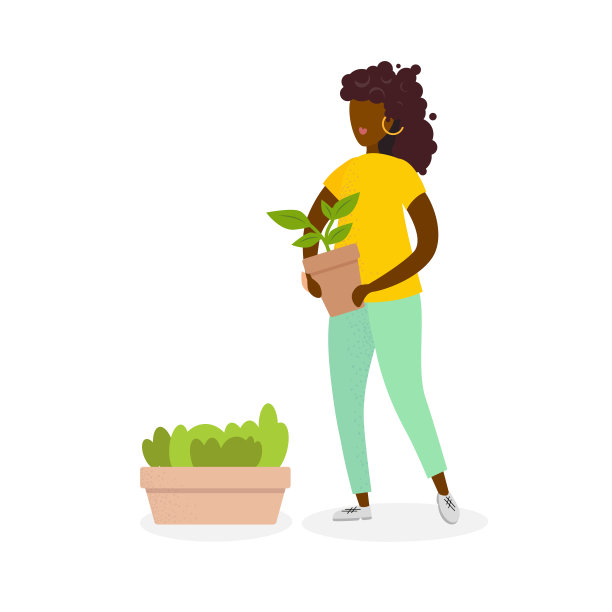 照料花草的非洲妇女。专业的园丁。穿着时髦的女孩捧着花盆，手里拿着一株植物，想着美丽。现代向量插图。图片下载