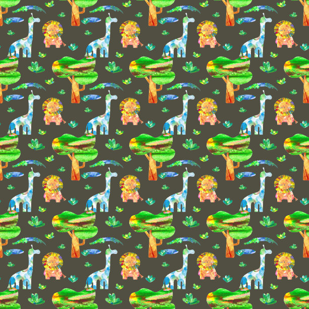 鳄鱼、长颈鹿、狮子的彩色水彩纸拼贴与树木、草地、云彩在深灰色的背景上无缝的图案。可爱的非洲野生动物，无尽的印花手工制作的工艺纸。图片下载