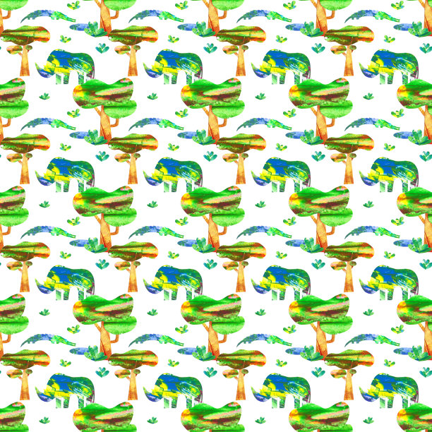 鳄鱼和犀牛的彩色水彩纸拼贴与树、草、云的白色背景无缝图案。可爱的非洲野生动物，无尽的印花手工制作的工艺纸。图片下载