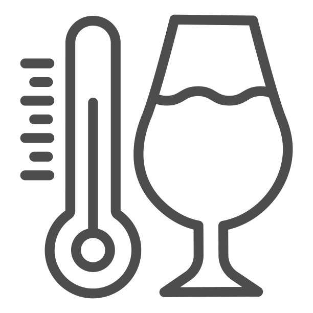 温度计和一杯酒的图标。酒精饮料在葡萄酒杯与温度计轮廓风格的象形图上的白色背景。酒厂标志的移动概念和网页设计。矢量图形。图片下载