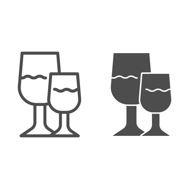 酒杯的葡萄酒线和固体图标。两个葡萄酒杯与葡萄饮料或香槟轮廓风格的象形文字在白色的背景。酒厂标志的移动概念和网页设计。矢量图形。图片下载