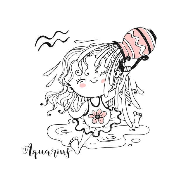 孩子们的星座。水瓶座的迹象。那个可爱的女孩浑身湿透了。向量图片下载