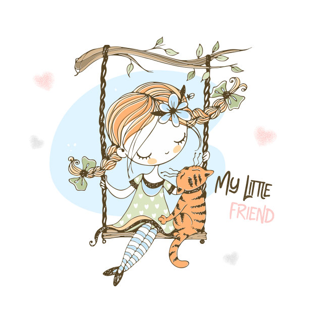 一个梳着辫子的可爱女孩和她的猫在秋千上荡秋千。向量图片下载